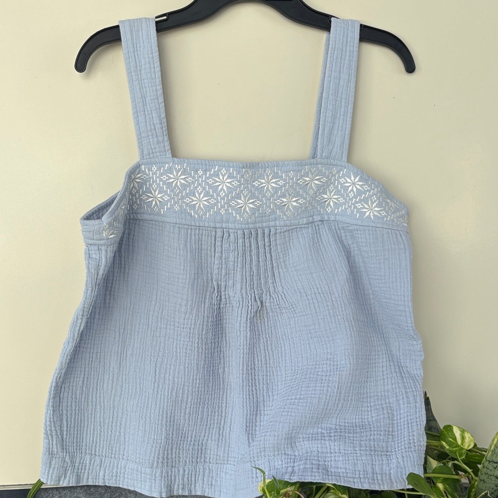 Magaschoni Sky Blue Sleeveless Blouse with White Embroidery